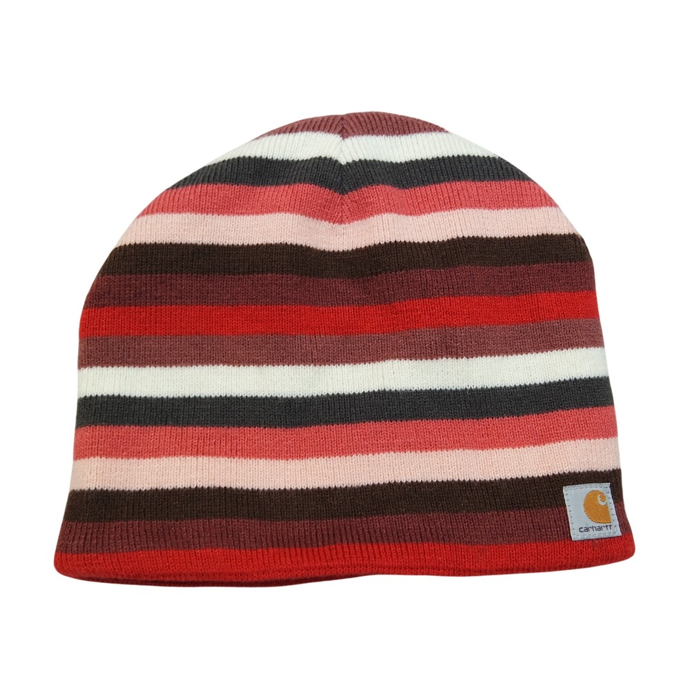 Carhartt Women Striped Knit Beanie Hat Fleece Lined Red Pink Gorp Cabin Cozy Y2K